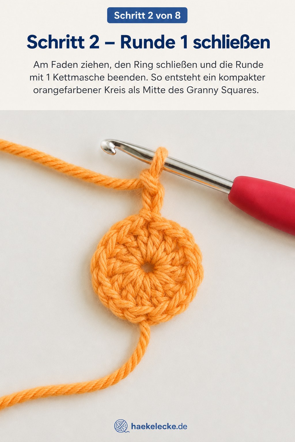 Geschlossene erste Runde in Orange bildet den kompakten Kern des Granny Squares