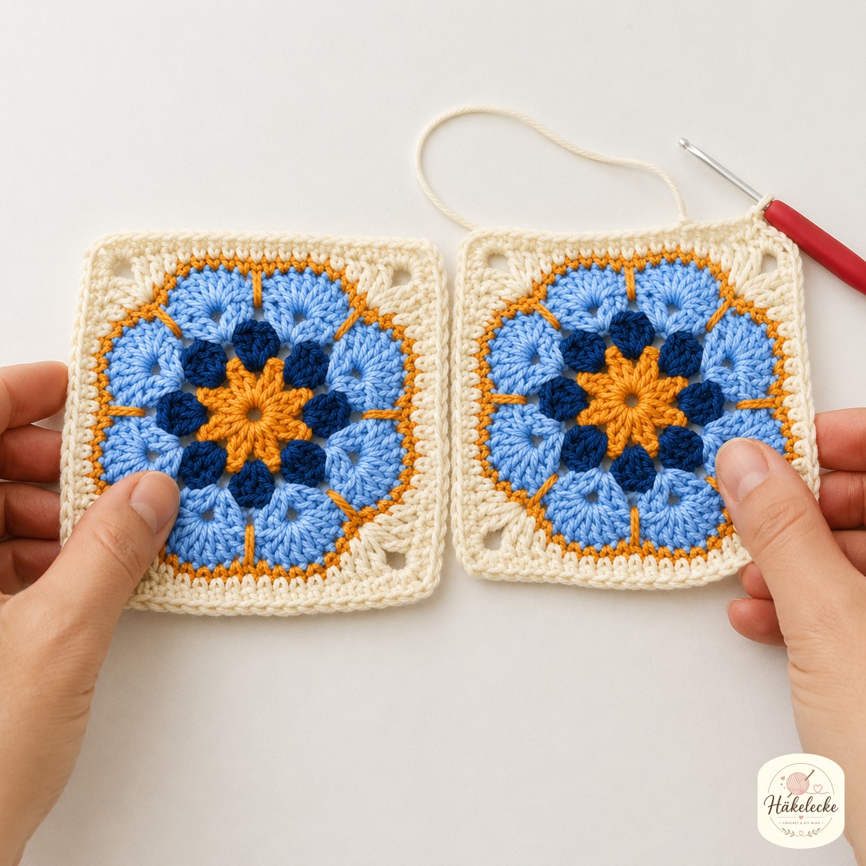 Zwei fertige African Flower Granny Squares liegen bereit, um Rand an Rand verbunden zu werden