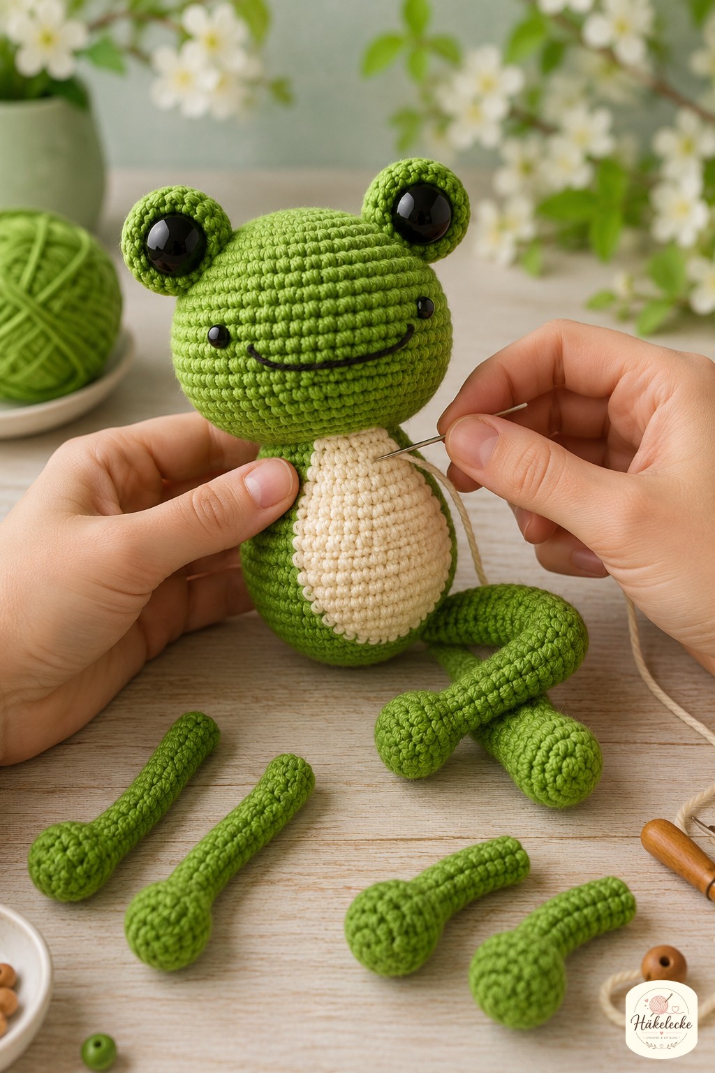 Bauch und Beine werden angenäht, ein Kernschritt jeder amigurumi frosch häkelanleitung mit Wollnadel und Restfaden.