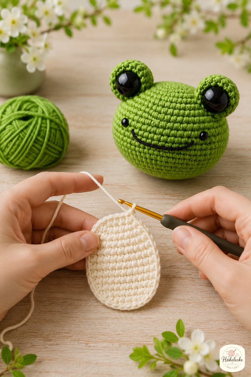 Die cremefarbene Bauchpartie entsteht separat, wie in jeder sorgfältigen amigurumi frosch häkelanleitung üblich.