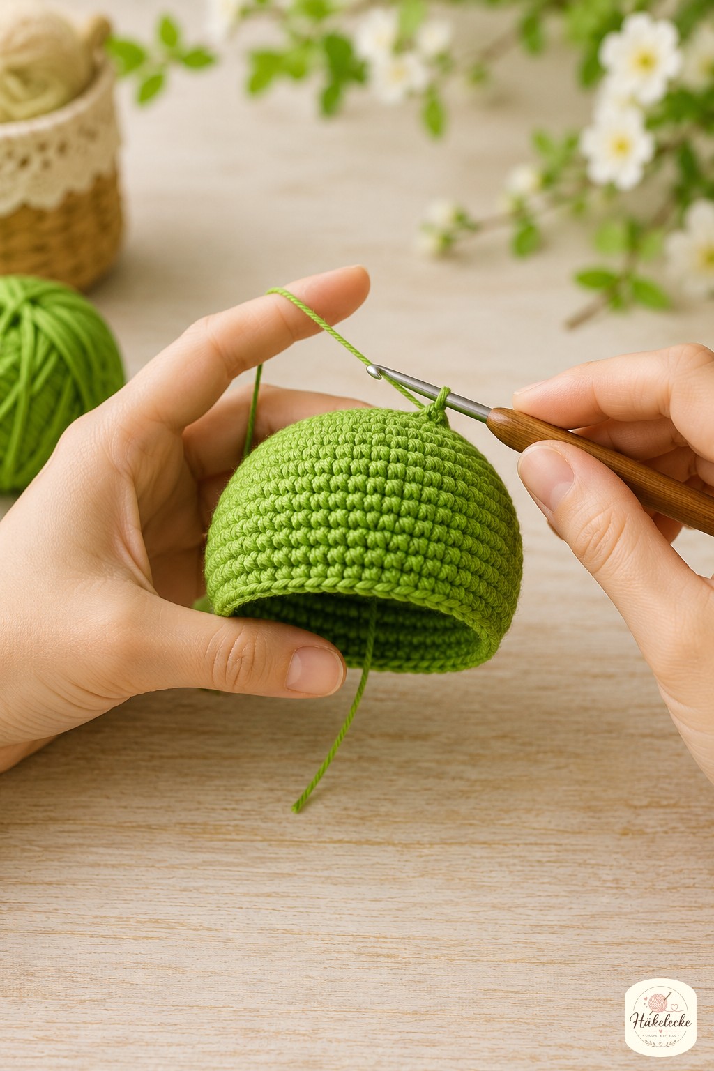 Der Kopf wächst Runde für Runde – zentrale Phase jeder amigurumi frosch häkelanleitung mit sichtbaren Zunahmen.