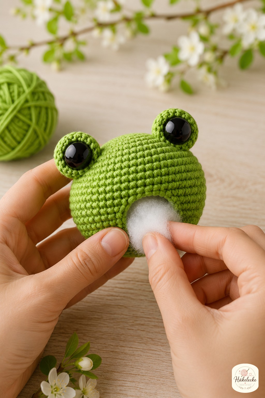Der Kopf wird mit Füllwatte geformt, ein entscheidender Moment in der amigurumi frosch häkelanleitung.