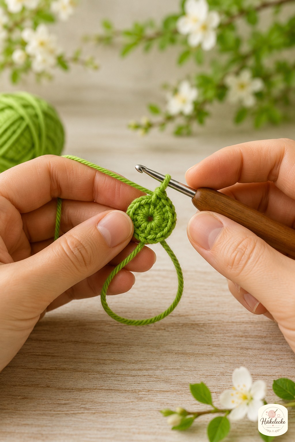 Der Magische Ring als erster Schritt jeder amigurumi frosch häkelanleitung, hier für den grünen Frosch-Kopf gearbeitet.