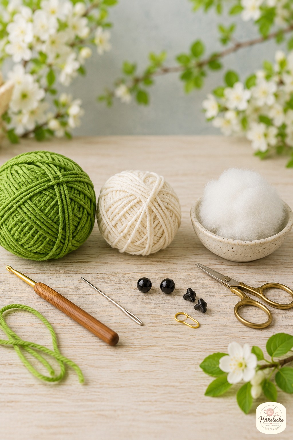 Garn, Häkelnadel und Sicherheitsaugen für die amigurumi frosch häkelanleitung übersichtlich auf dem Tisch arrangiert.