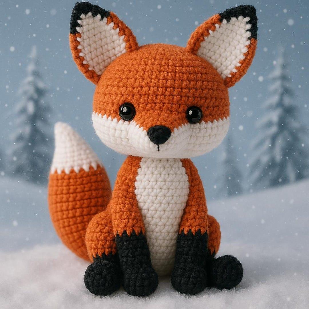 Orangefarbener Amigurumi-Fuchs mit weißem Bauch und Schwanz