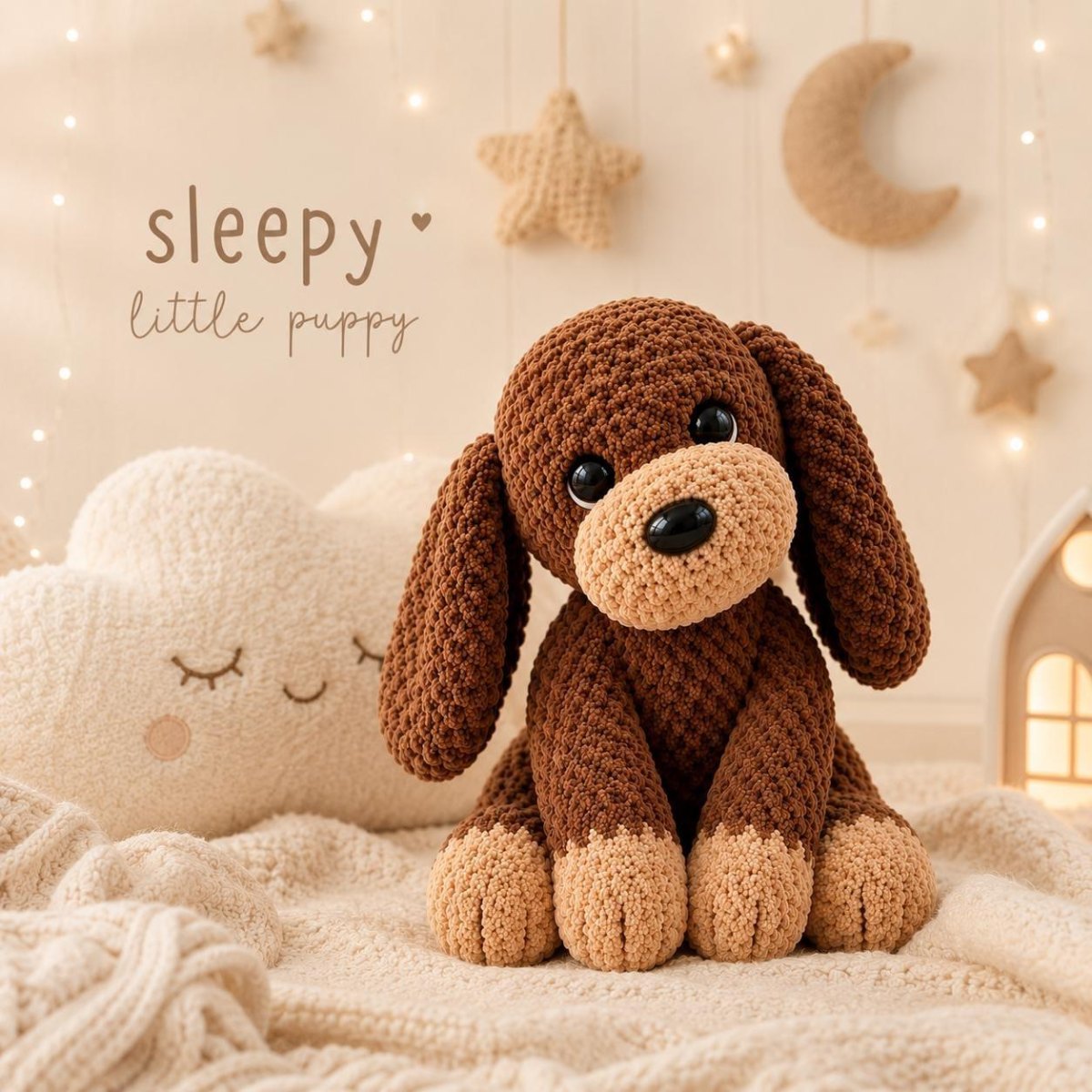 Brauner Amigurumi-Hund mit Schlappohren und heller Schnauze