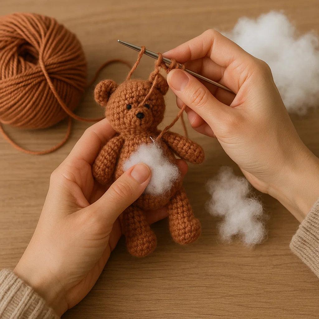 Hände häkeln ein Amigurumi-Tier mit Nadel, Garn und Füllwatte