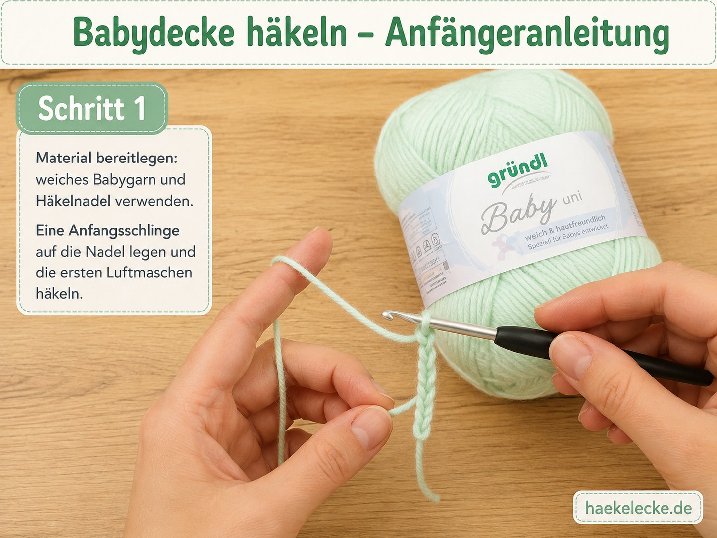 Hände legen Anfangsschlinge und erste Luftmaschen für die Babydecke häkeln Anleitung mit Gründl Baby uni Garn