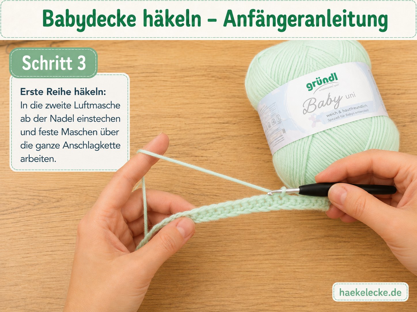 Erste Reihe feste Maschen entsteht beim Babydecke häkeln über die komplette Luftmaschenkette