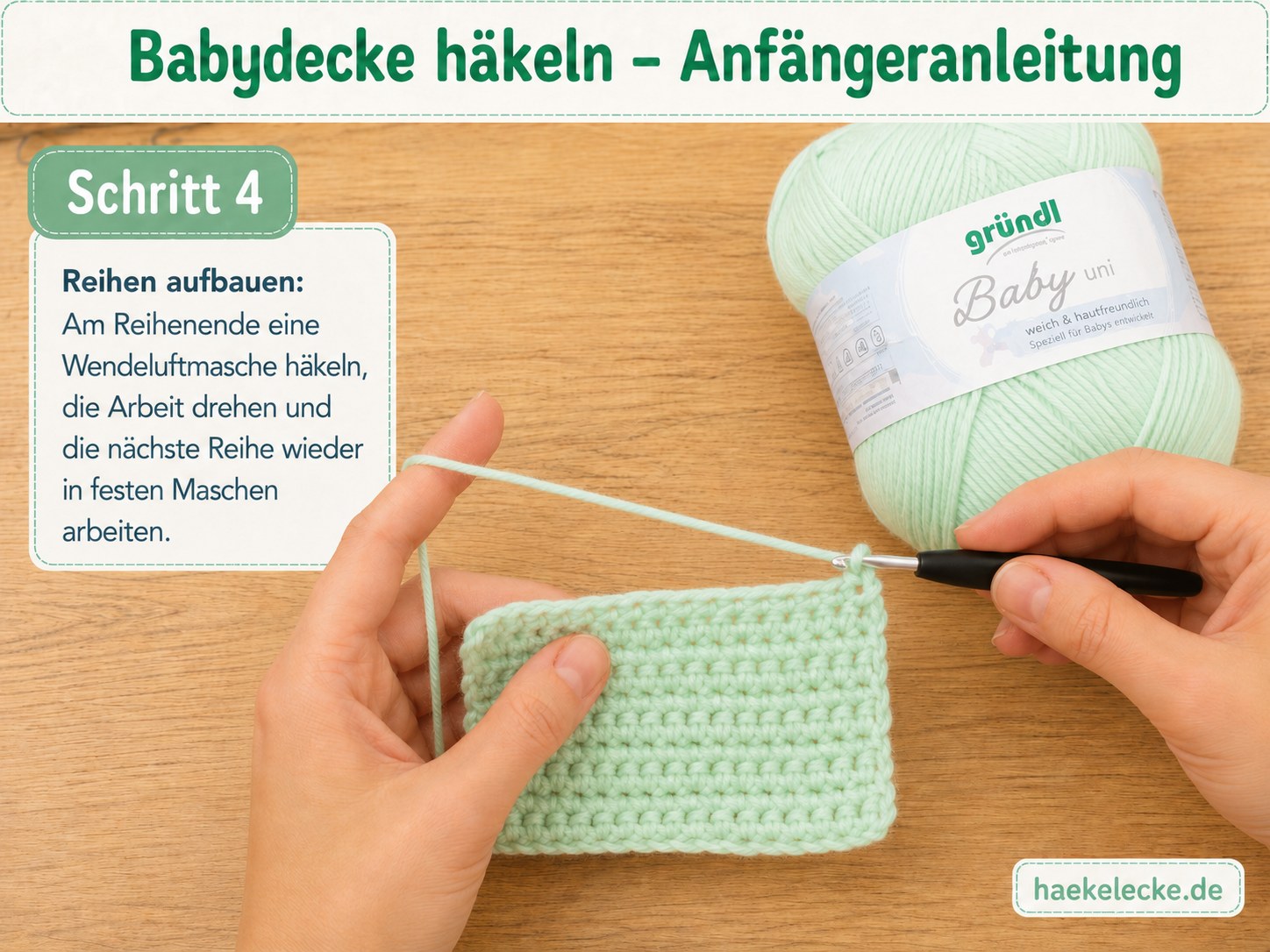 Wendeluftmasche und gedrehte Arbeit zeigen den Reihenaufbau beim Babydecke häkeln für Anfänger