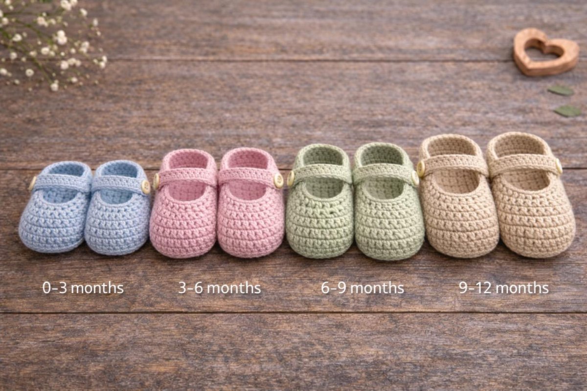 Drei Paar gehäkelte Babyschuhe in unterschiedlichen Größen und Farben