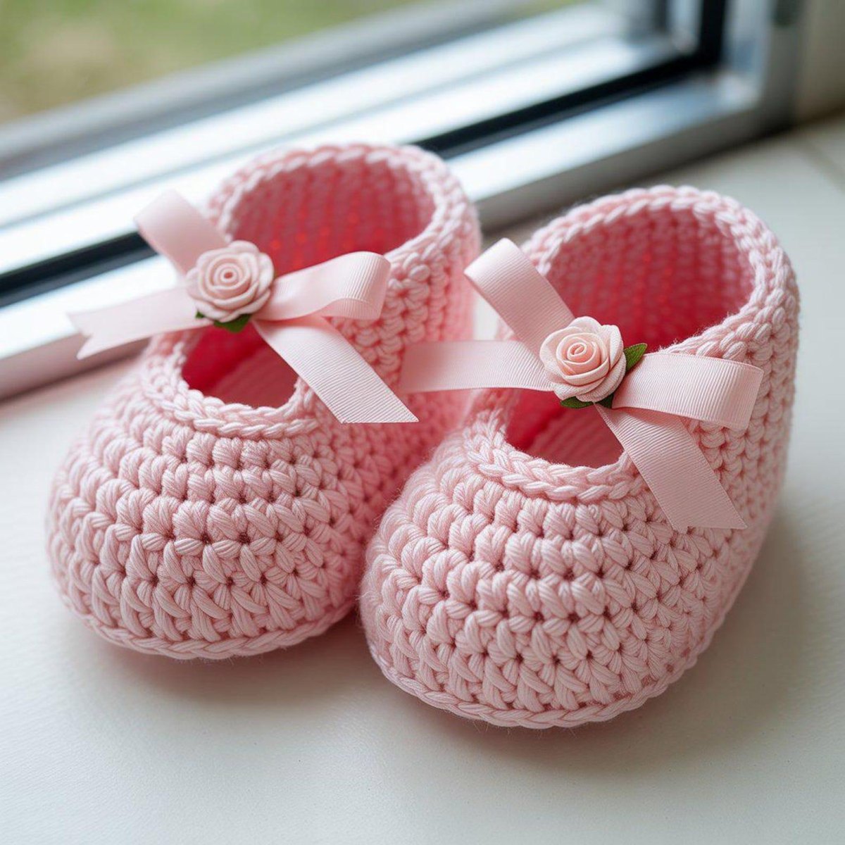 Zarte rosa gehäkelte Babyschuhe mit kleinen passenden Schleifen