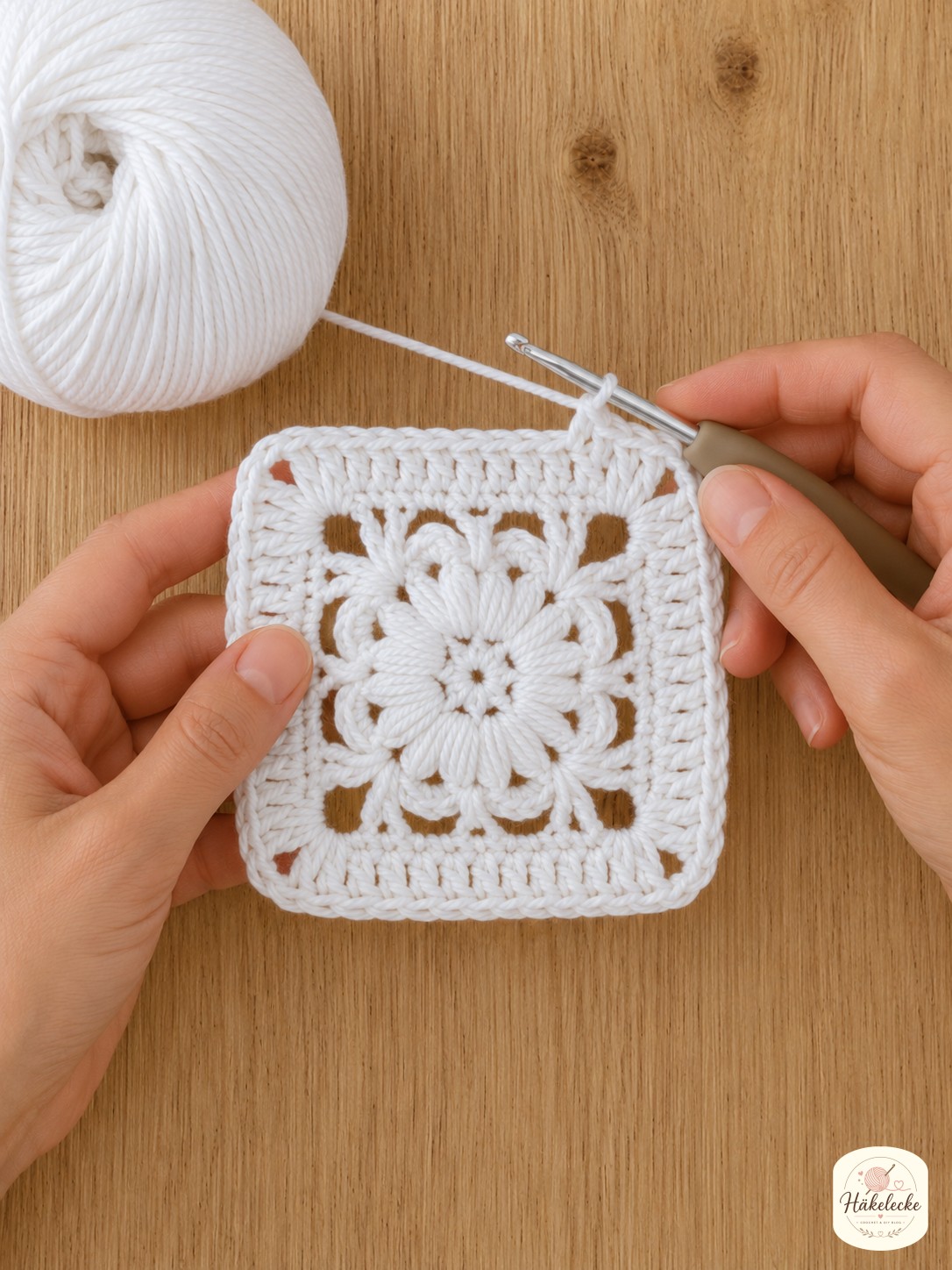 Eine glatte Stäbchenrunde rahmt die Kanten beim Blumen Granny Square weiß häkeln ein.