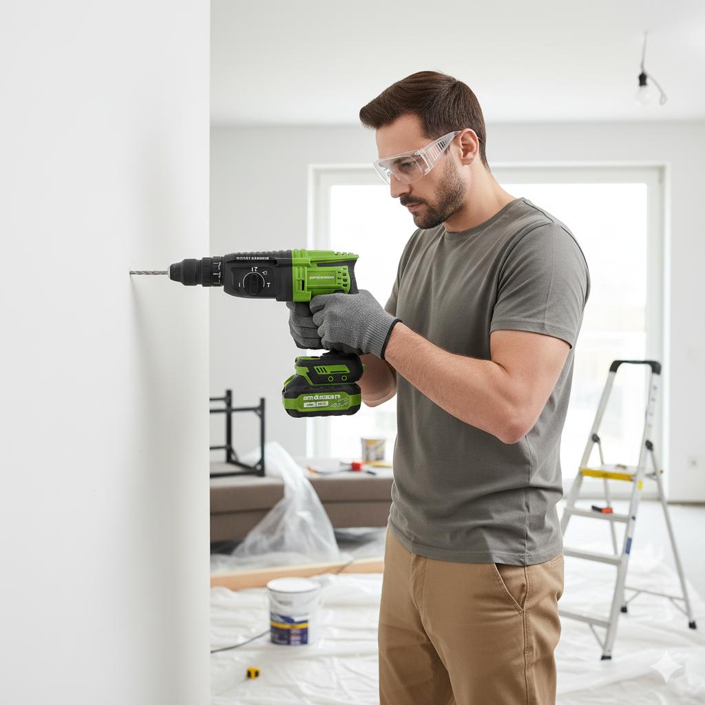 Heimwerker mit ergonomischer Bohrmaschine