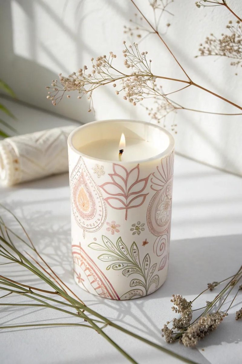Boho Kerze mit Naturmotiven