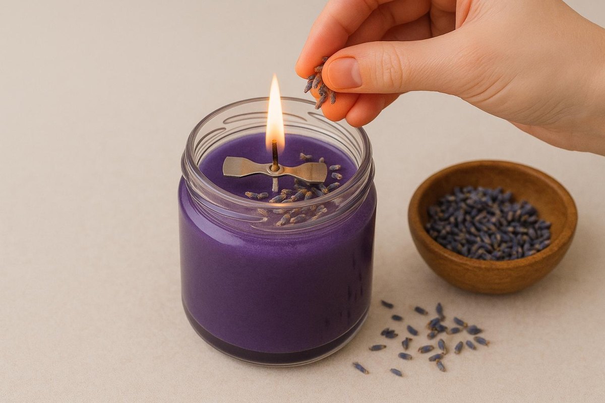 Lavendel auf dekorierter Kerze