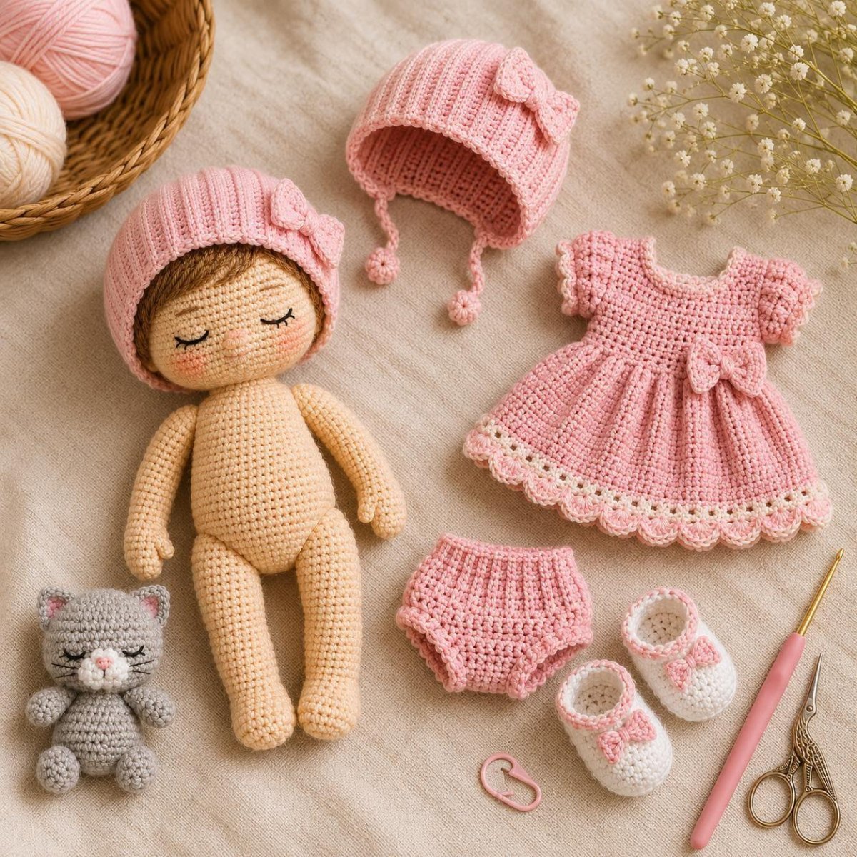 Gehäkelte Kleidung und Accessoires für eine Babypuppe