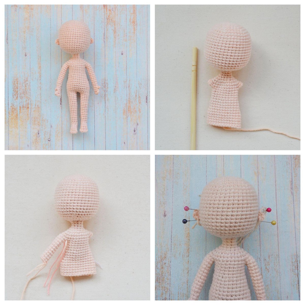 Kopf und Körper einer gehäkelten Amigurumi-Babypuppe