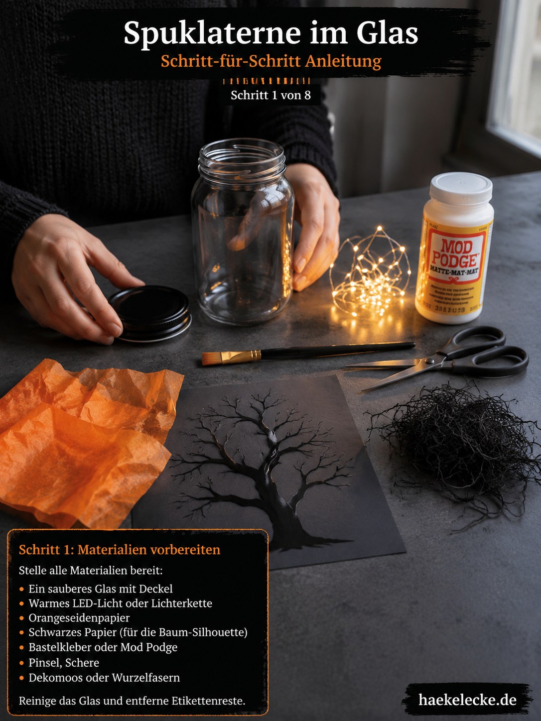 Alle Materialien für die Mason Jar Laterne mit Baum-Silhouette liegen bereit auf dem Tisch.