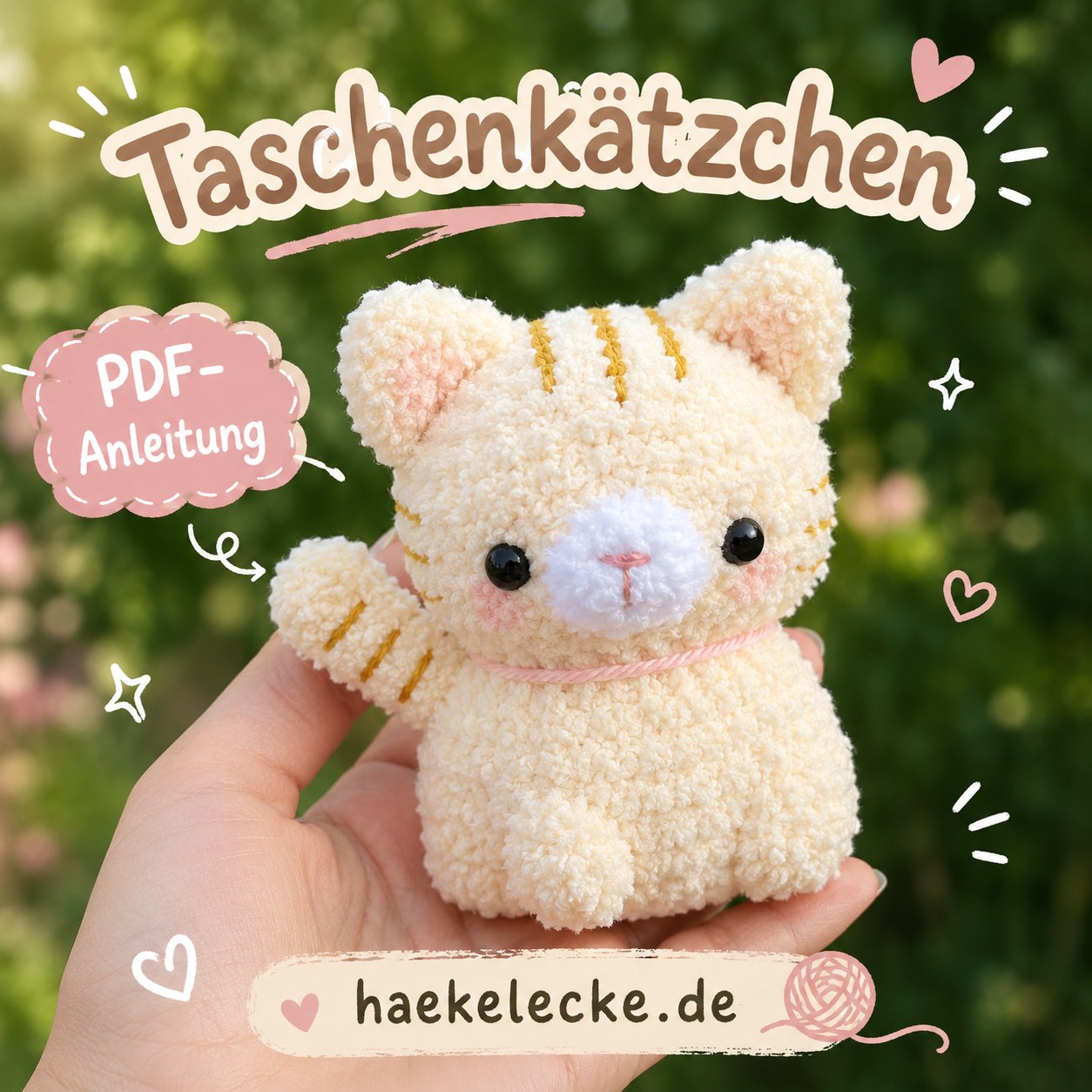 Ein plüschiges gehäkeltes Taschenkätzchen mit Tigerstreifen wird als Anhänger präsentiert
