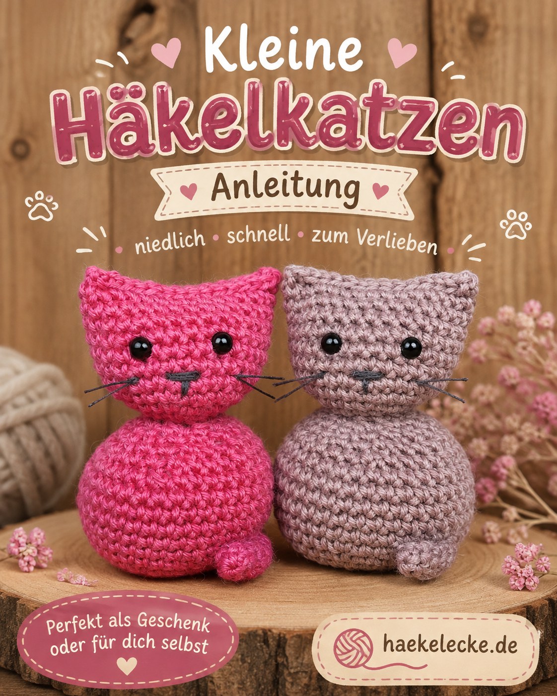 Zwei kleine gehäkelte Katzen in Pink und Altrosa stehen nebeneinander als Geschenkidee