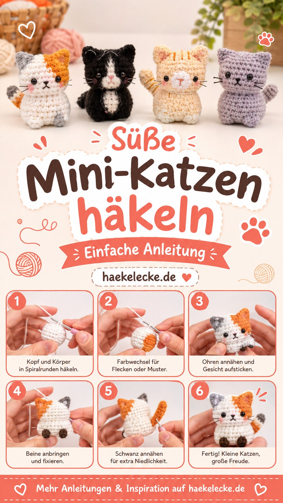 Sechs Arbeitsschritte zeigen, wie man süße Mini-Katzen von Kopf bis Schwanz häkelt
