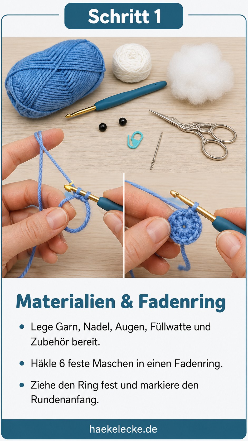 Materialien zum Rochen häkeln Amigurumi liegen bereit, dazu der erste Fadenring mit sechs festen Maschen.