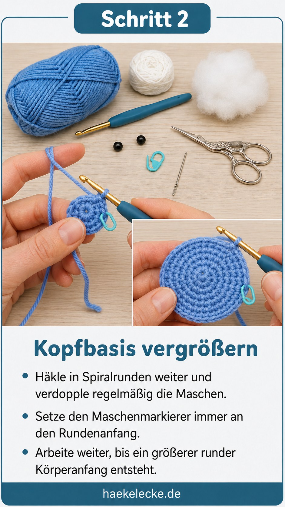 Hände häkeln in Spiralrunden weiter und vergrößern die runde Kopfbasis für den Rochen häkeln Amigurumi.
