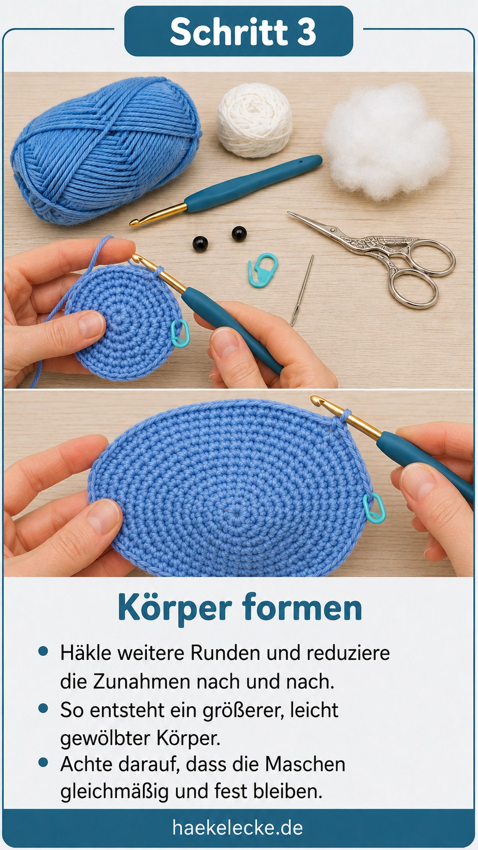 Ein leicht gewölbter ovaler Körper entsteht durch reduzierte Zunahmen beim Rochen häkeln Amigurumi.