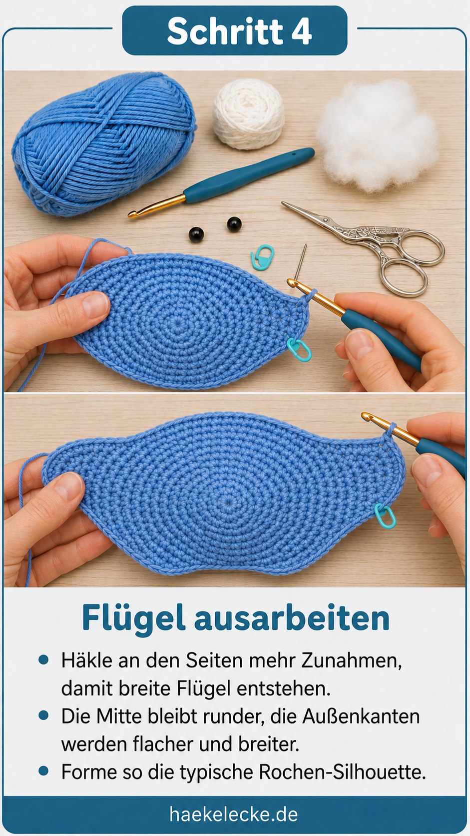 Seitliche Zunahmen formen breite Flügel und zeigen die typische Silhouette beim Rochen häkeln Amigurumi.