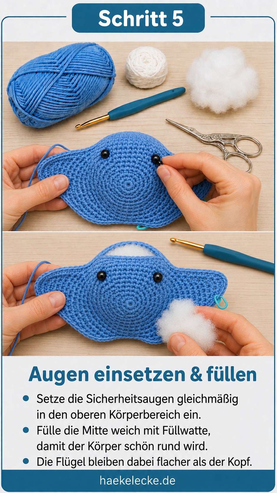 Sicherheitsaugen werden mittig gesetzt und der Körper vorsichtig mit Füllwatte gefüllt.