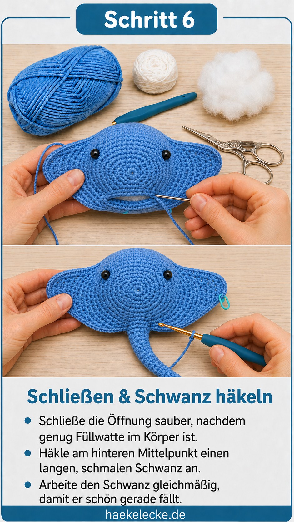 Die Öffnung wird geschlossen und ein langer schmaler Schwanz am Rochen häkeln Amigurumi angesetzt.