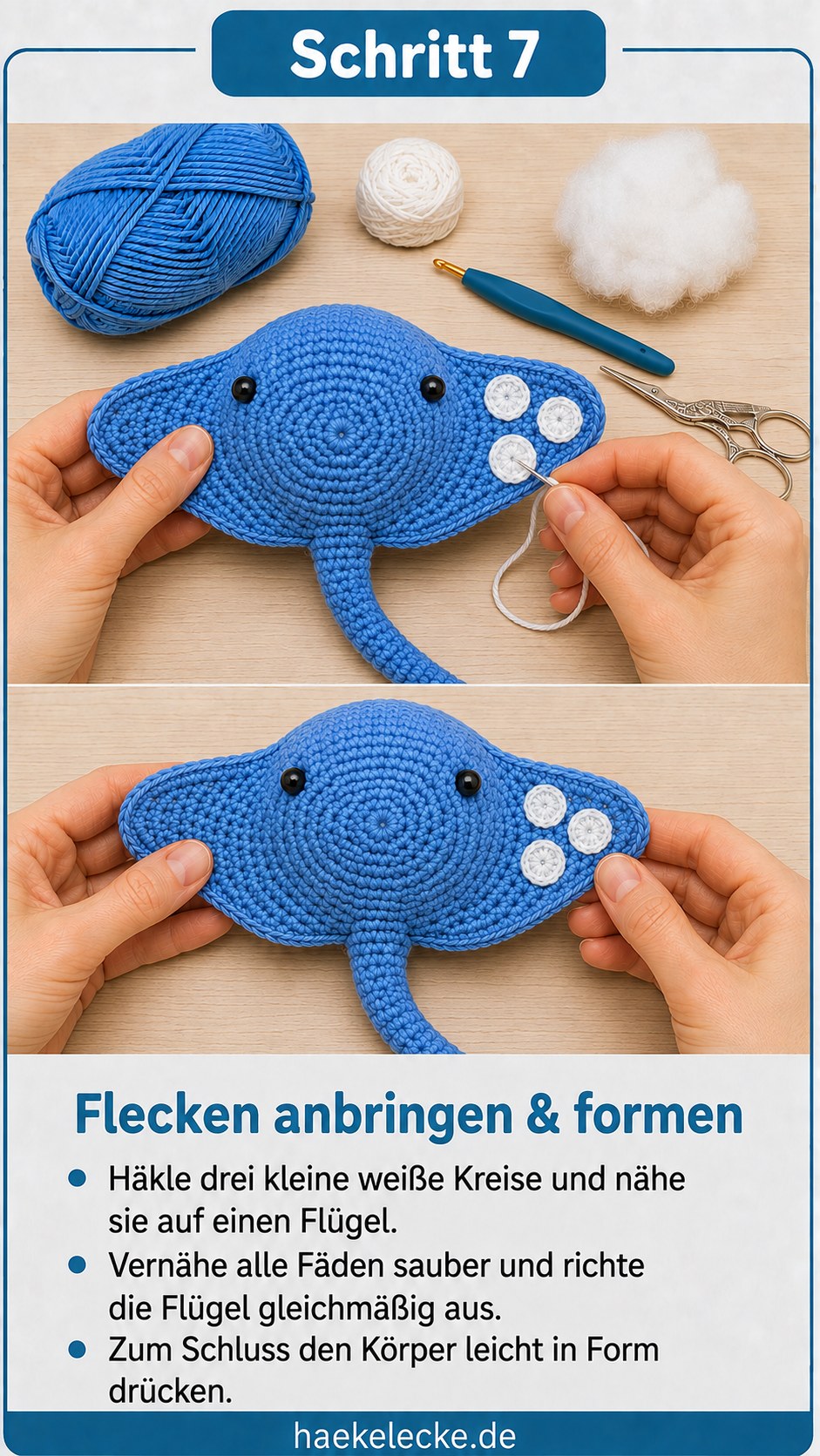 Drei kleine weiße Kreise werden auf einen Flügel genäht und die Form abschließend zurechtgedrückt.