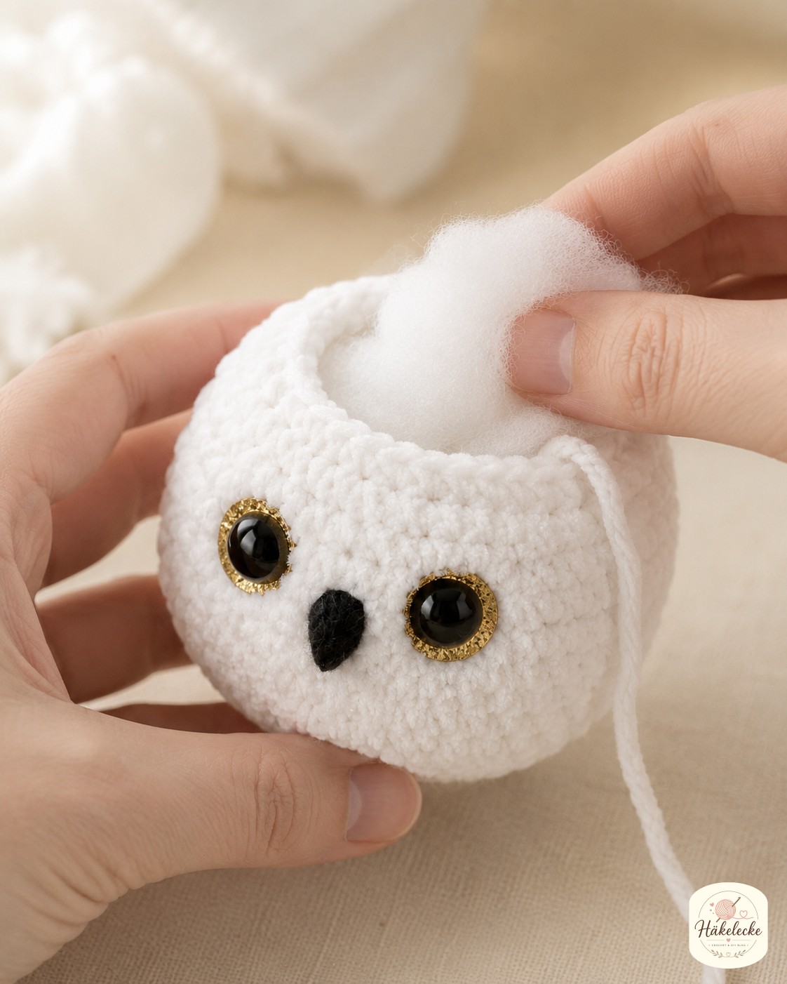 Fester Füllvorgang des Kopfes beim Schneeeule Amigurumi häkeln mit weißer Polyesterwatte