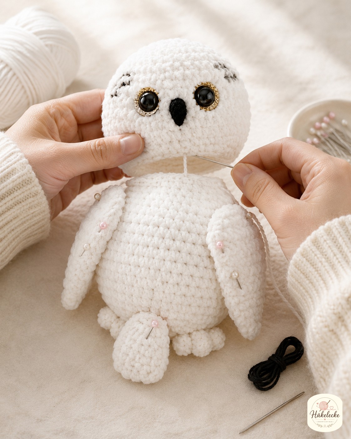 Kopf, Flügel und Schwanz werden beim Schneeeule Amigurumi häkeln mit der Wollnadel zusammengenäht