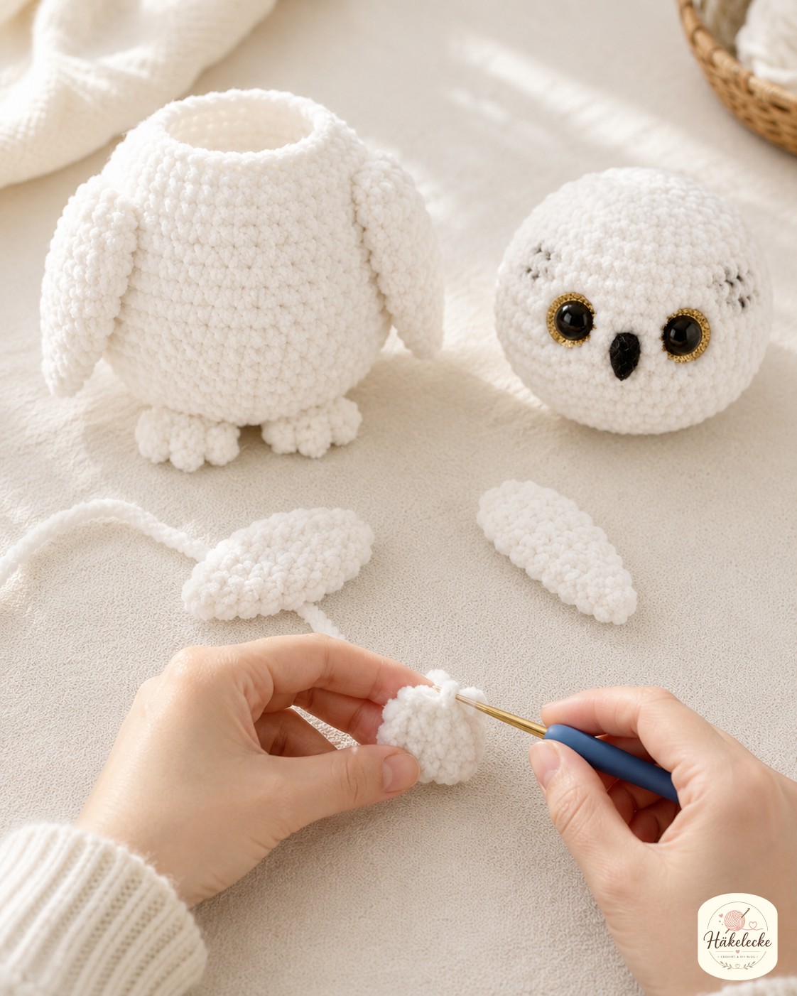 Schwanz und kleine Füße liegen fertig gehäkelt neben Kopf und Körper der Schneeeule Amigurumi