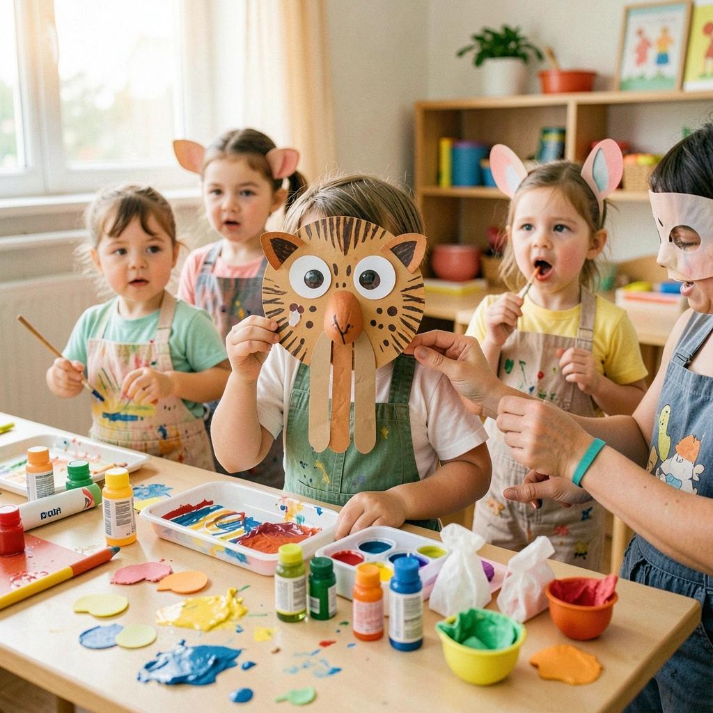 Kinder basteln fantasievolle Masken