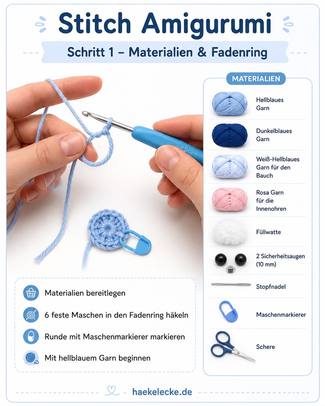 Hellblaues Garn liegt bereit, während der Fadenring für die Stitch Amigurumi Häkelanleitung entsteht