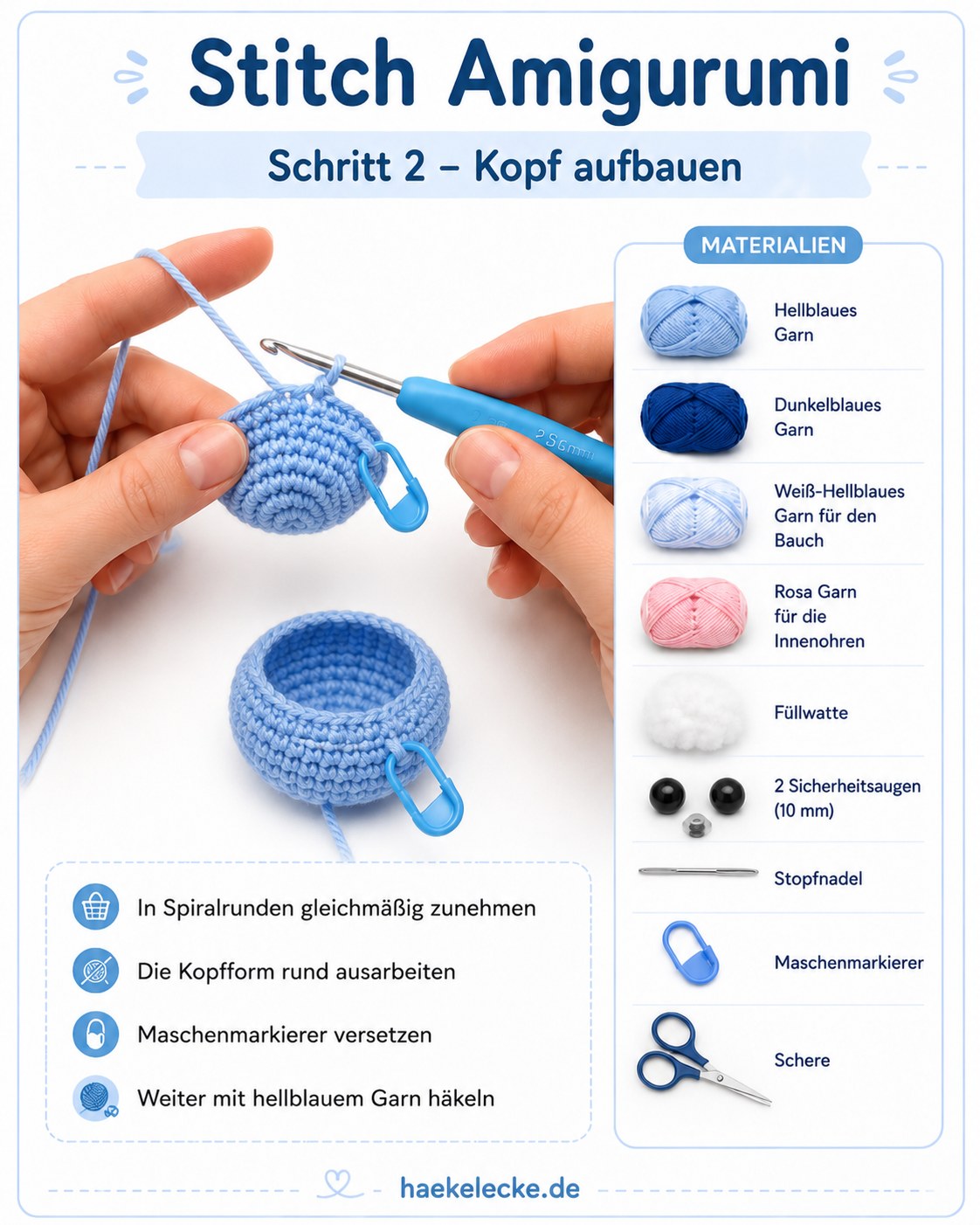 Der Kopf des Stitch Amigurumi wächst in gleichmäßigen Spiralrunden mit hellblauem Garn