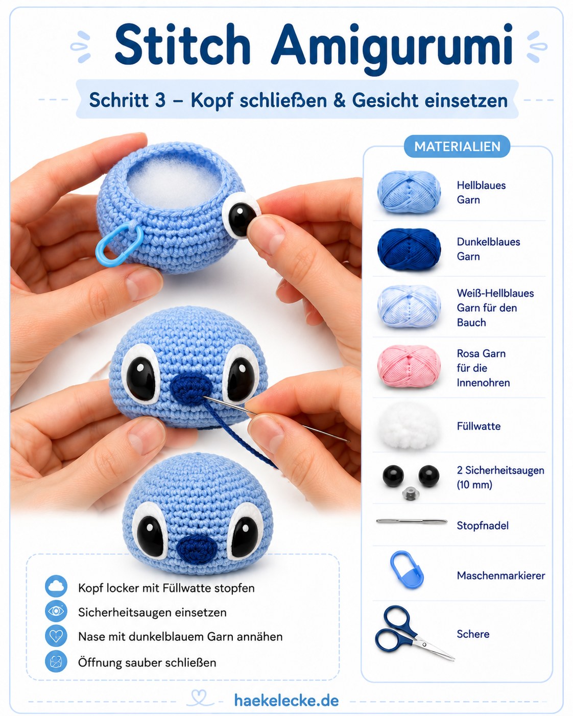 Sicherheitsaugen und Nase geben dem Stitch Amigurumi Kopf sein charakteristisches Gesicht
