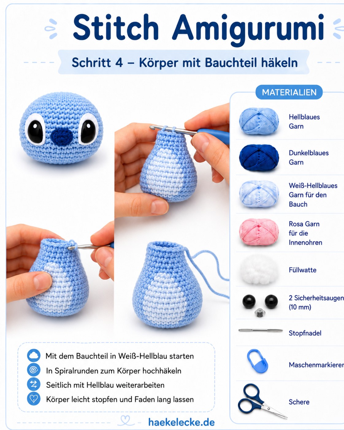 Der Körper mit weiß-hellblauem Bauchteil entsteht für die Stitch Amigurumi Häkelanleitung