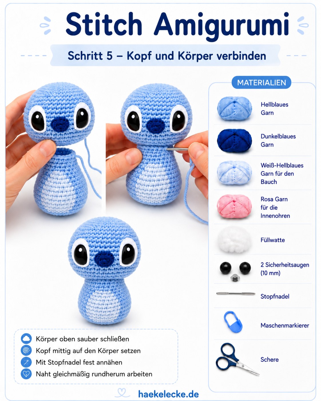 Kopf und Körper werden beim Stitch Amigurumi sauber mit der Stopfnadel zusammengenäht
