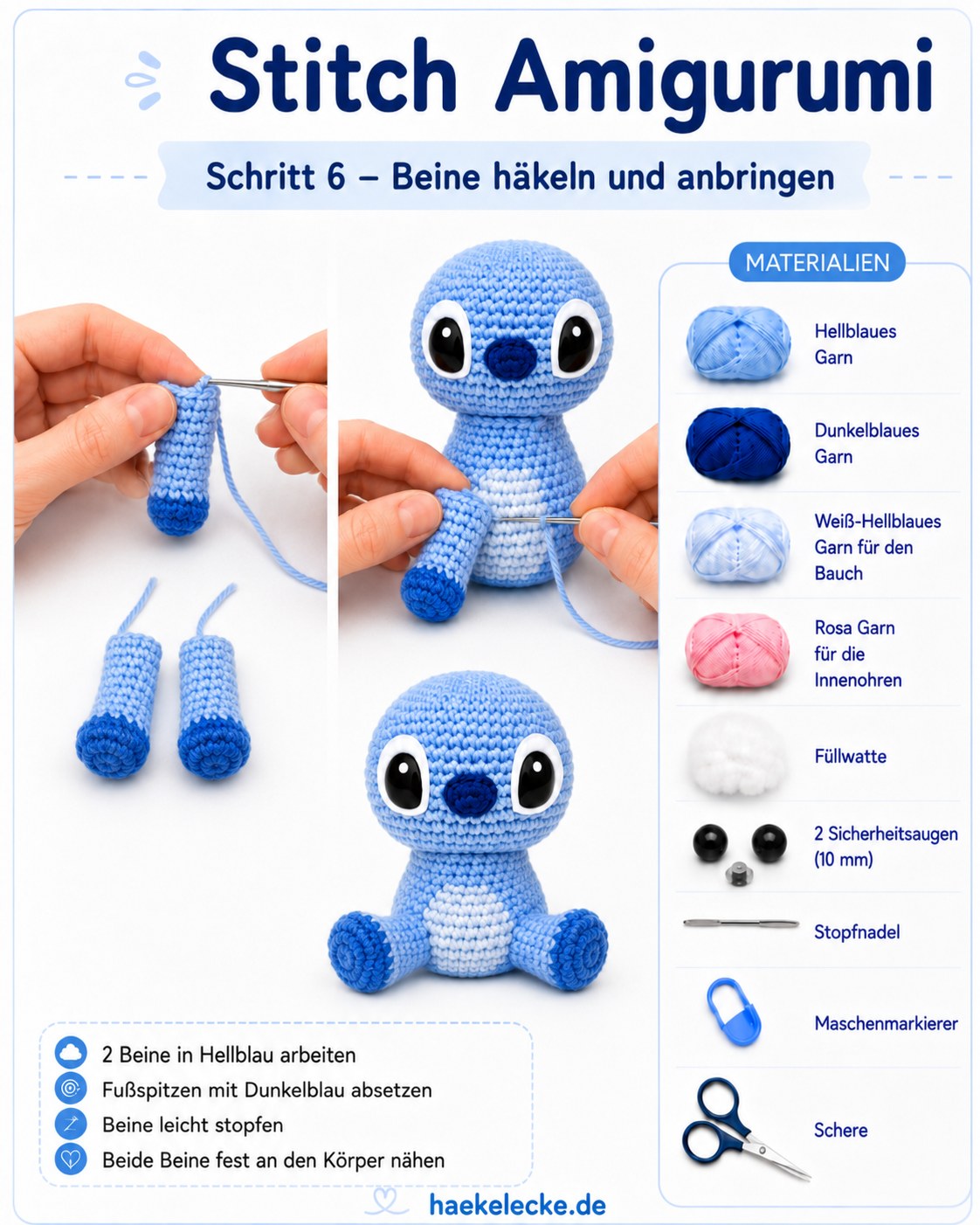Zwei hellblaue Beine mit dunkelblauen Füßen werden an den Stitch Amigurumi Körper genäht