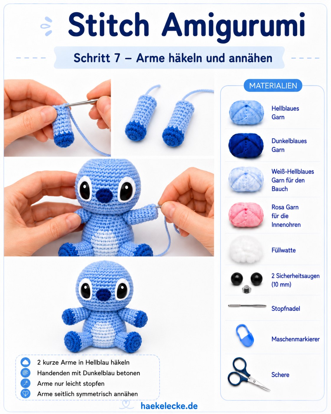 Die kurzen Arme des Stitch Amigurumi werden seitlich symmetrisch am Körper angenäht