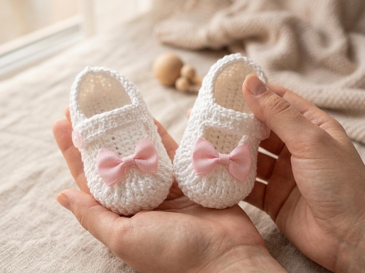 Rosa gehäkelte Babyschuhe mit kleinen weißen Schleifen