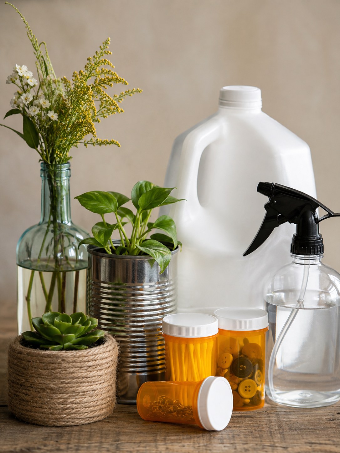 Tablettenflaschen mit Knöpfen stehen neben Dose, Sprühflasche und Kanister als Beispiel fürs Kleinteile-Upcycling.