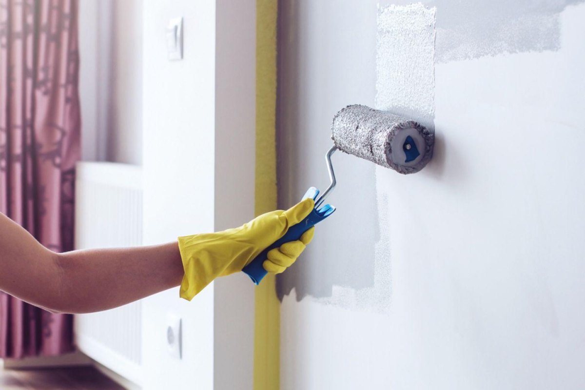 Farbrolle auf Wand beim Streichen