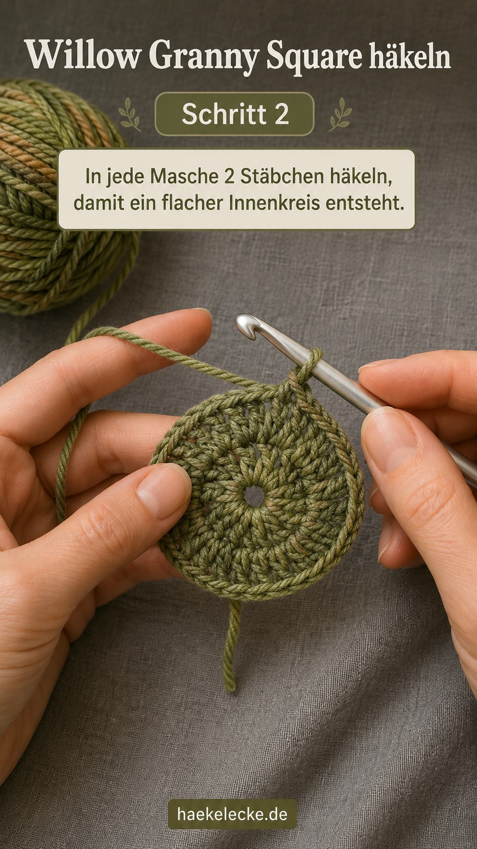 Zweite Runde des Willow Granny Square häkeln mit verdoppelten Stäbchen für flachen Innenkreis