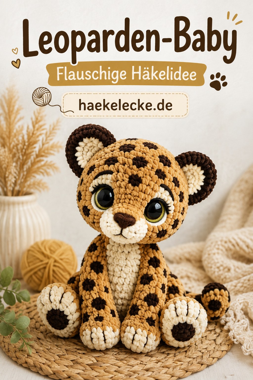 Leoparden-Baby-Amigurumi mit großen Glitzeraugen und gehäkelten Flecken auf hellem Untergrund