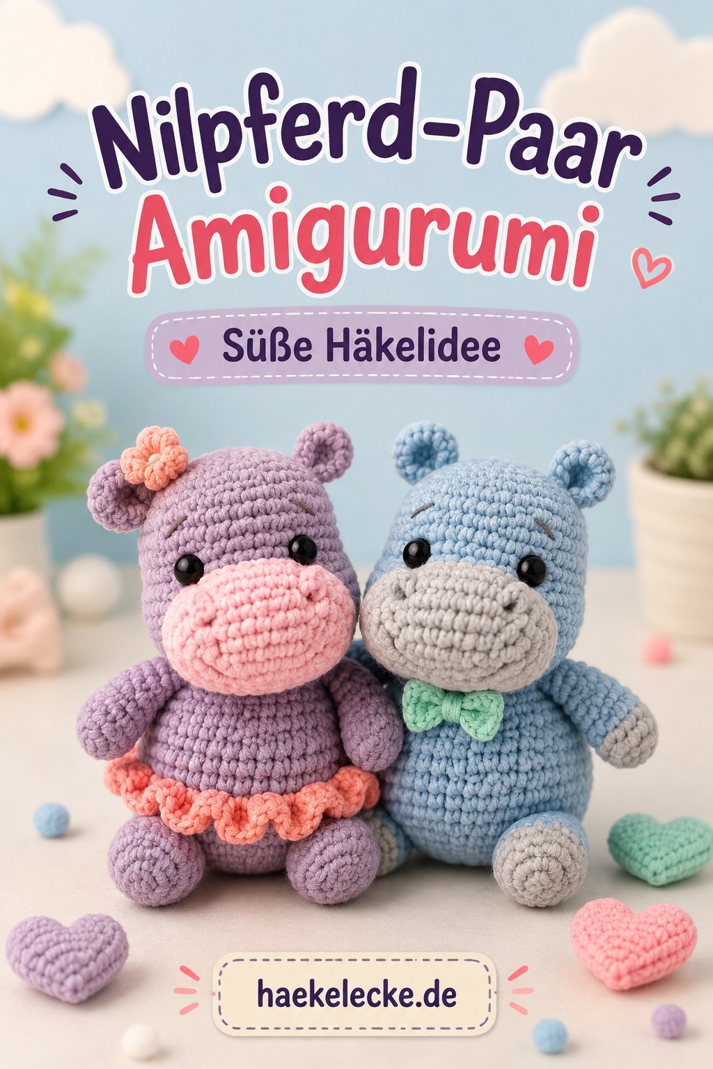 Nilpferd-Paar in Lila und Blau, gehäkelt mit Schleife und Fliege als süßes Amigurumi-Geschenk